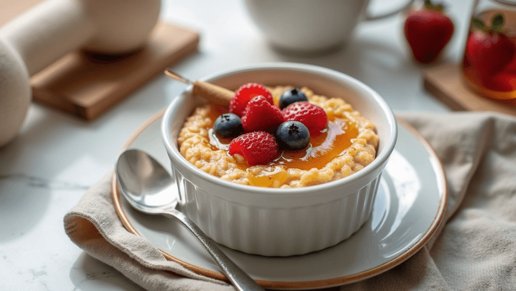 Warm baked oats in a ramekin topped with banana slices, almond butter, and cinnamon, with a linen napkin and spoon.