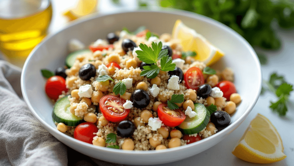 Mediterranean quinoa salad served in a bright, feminine kitchen setting with fresh vegetables and feta.