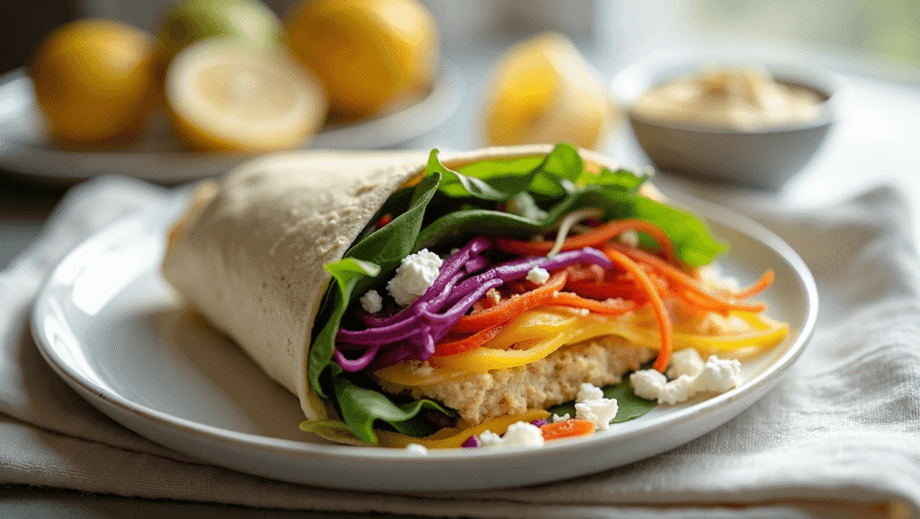 Diagonal view of rainbow veggie wraps cut in half on a plate, showcasing vibrant layers of vegetables, hummus, and feta.