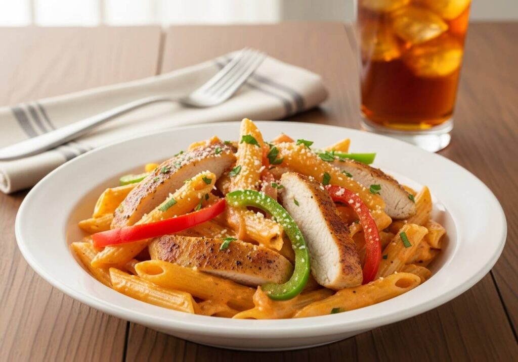 Bowl of creamy Cajun pasta with chicken, bell peppers, and parsley, served on a rustic table