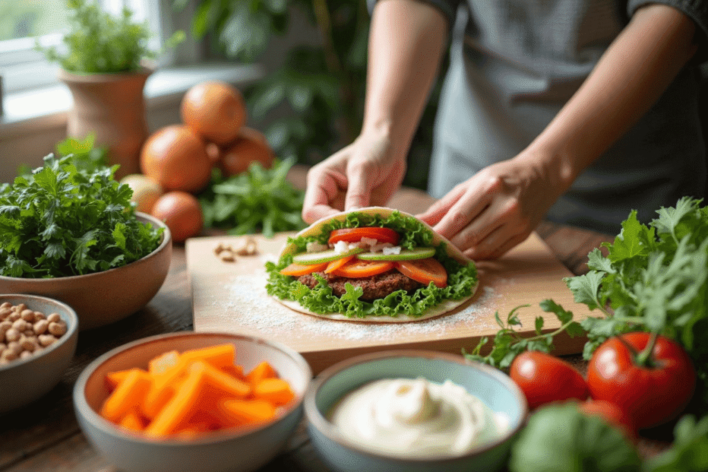 Hands assembling a fresh grain-free wrap with colorful vegetables, creamy spreads, and herbs in a bright kitchen.