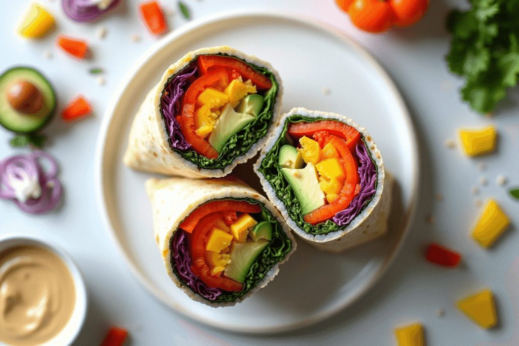 Close-up of a colorful sushi burrito sliced in half, showing bright layers of fresh vegetables on a white plate.