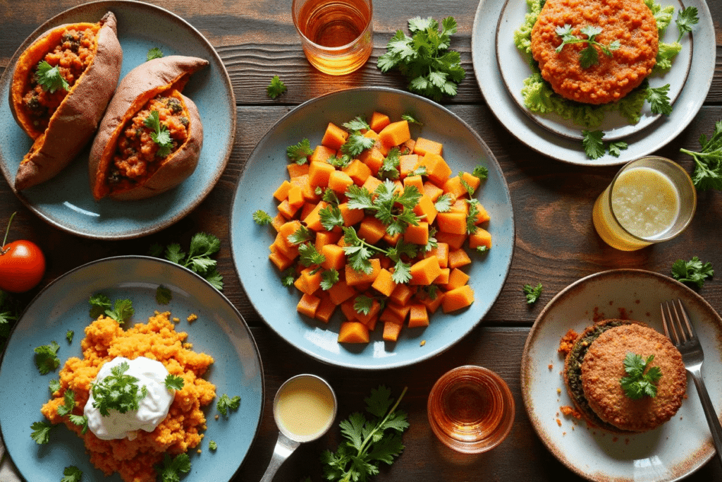 Fresh sweet potato with herbs, nuts, and citrus on a rustic table.