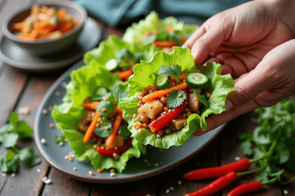 Overhead view of Asian lettuce wraps with colorful vegetables, herbs, and hoisin glaze.