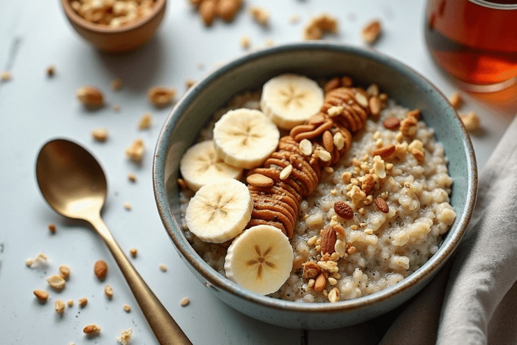 Bowl of cottage cheese oats topped with banana slices, pecans, and granola