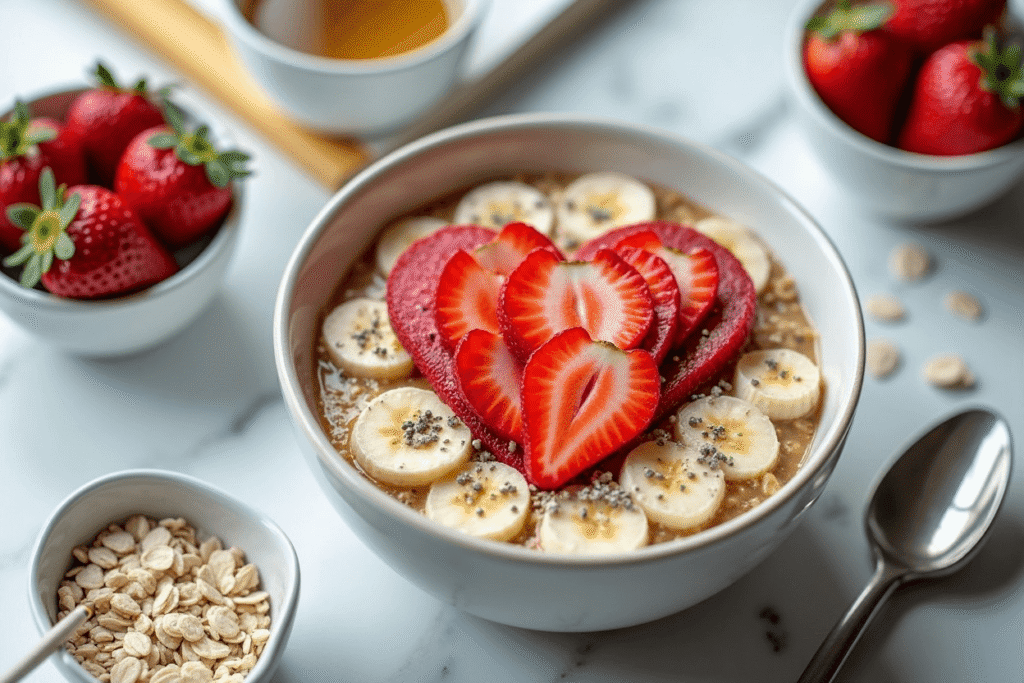 Steamy bowl of cottage cheese oats with diced apples and berries on a desk